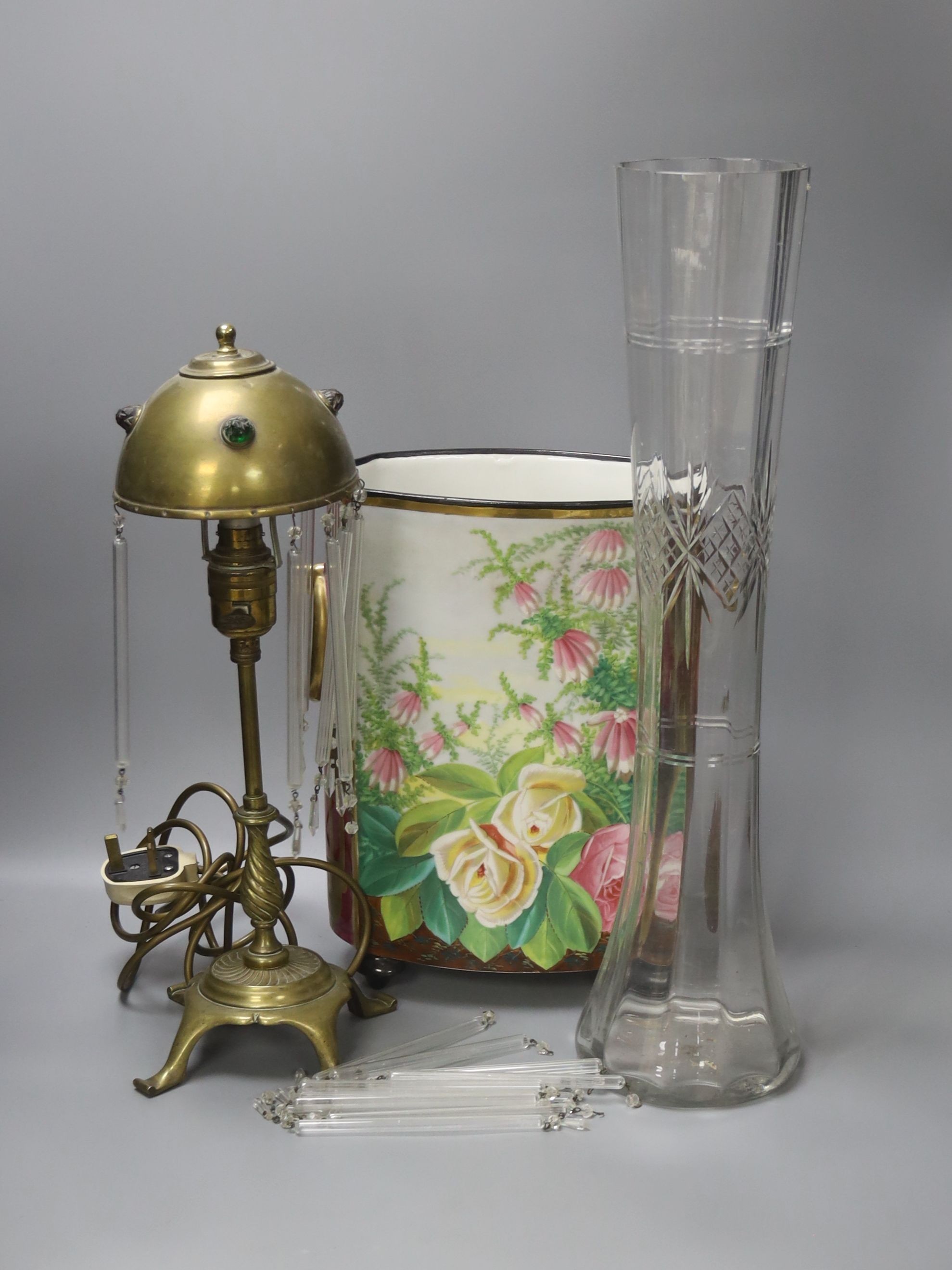 A brass and glass table lamp, a Continental floral painted porcelain vase and a cut glass vase 50cm